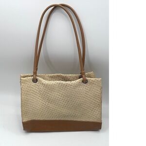 Sag Harbor Woven Straw Tote Shoulder Bag Tan Faux Leather Resort Beach Purse
